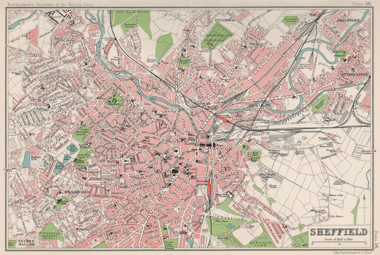 SHEFFIELD antique town/city plan. BARTHOLOMEW 1904 old map chart